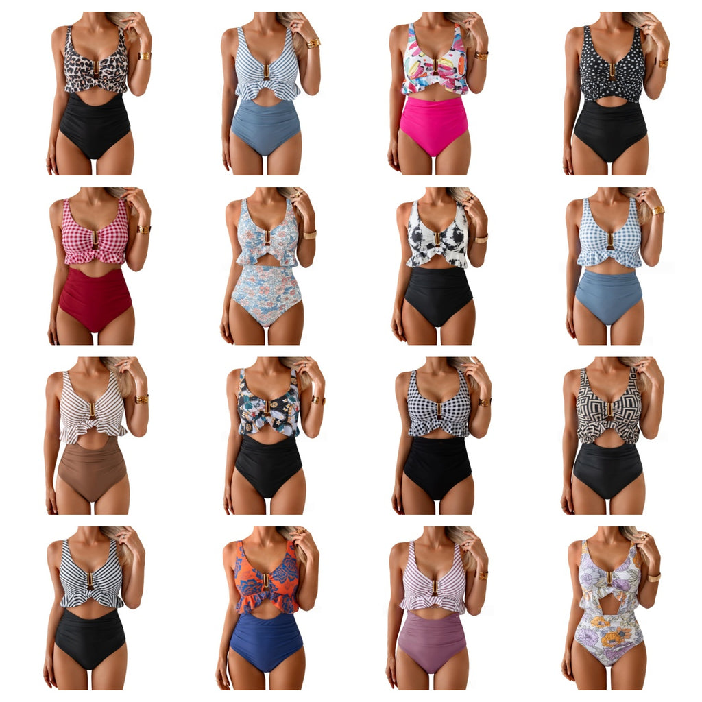 Metal Buckle Ruffle High Waist Bikini
