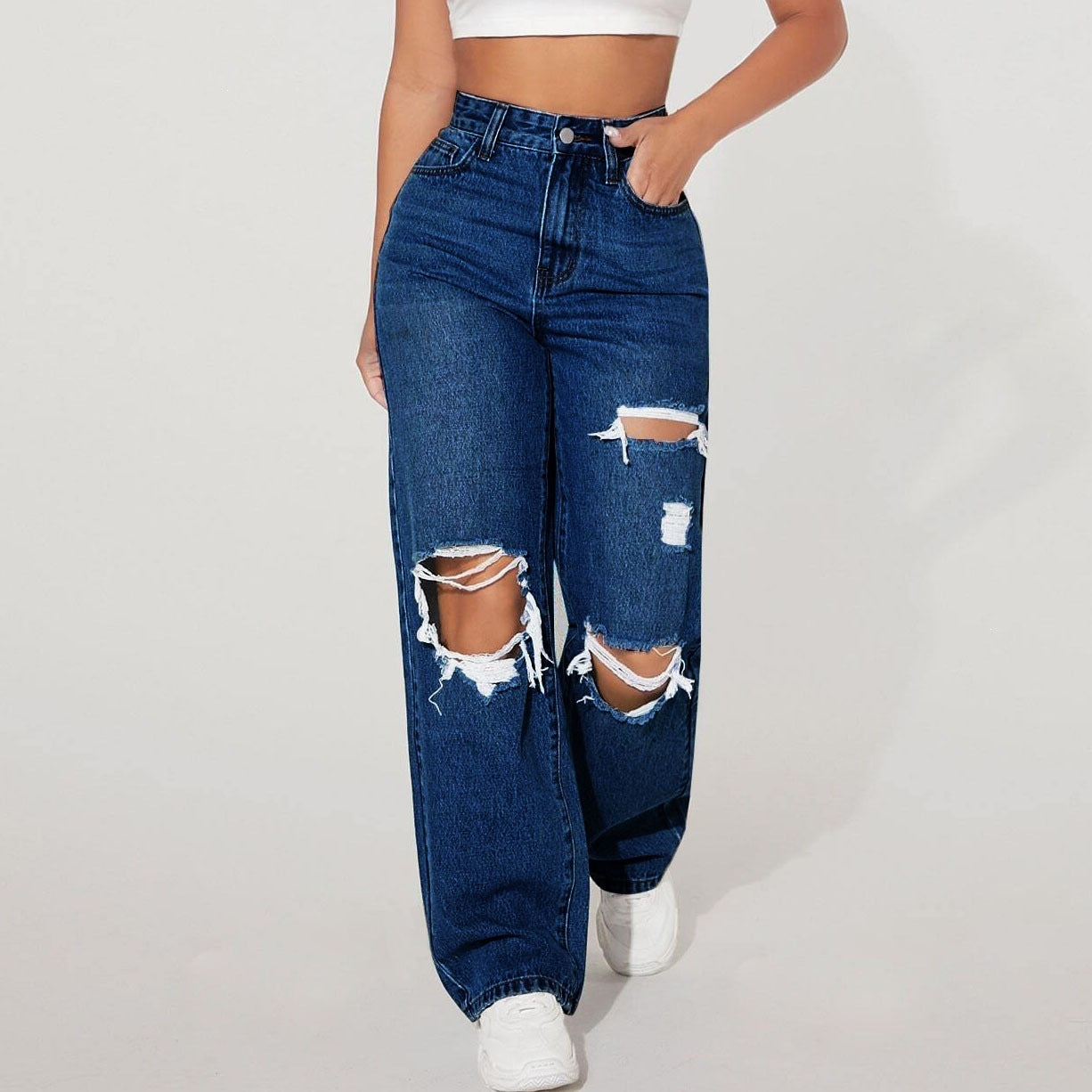 High Waist Distressed Straight Leg Jeans