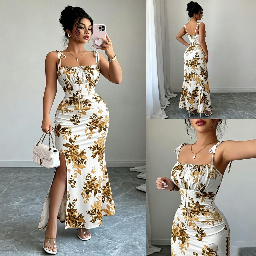 Printed Spaghetti Strap Slit Dress