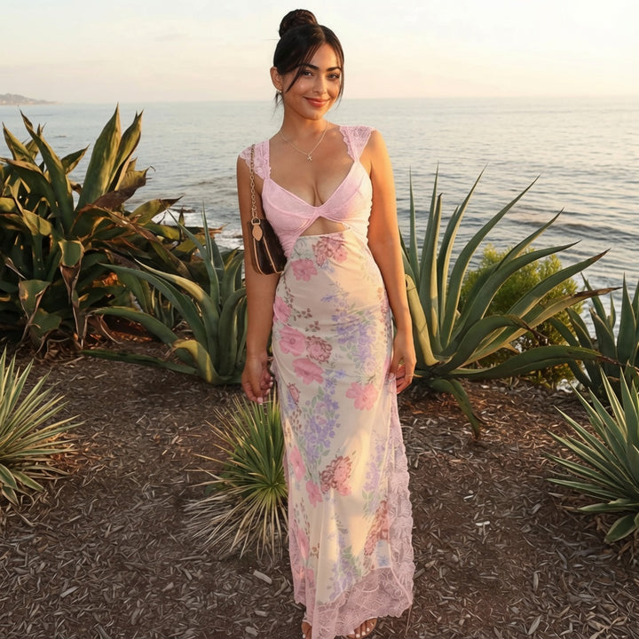 French Floral Lace Cutout Maxi Dress