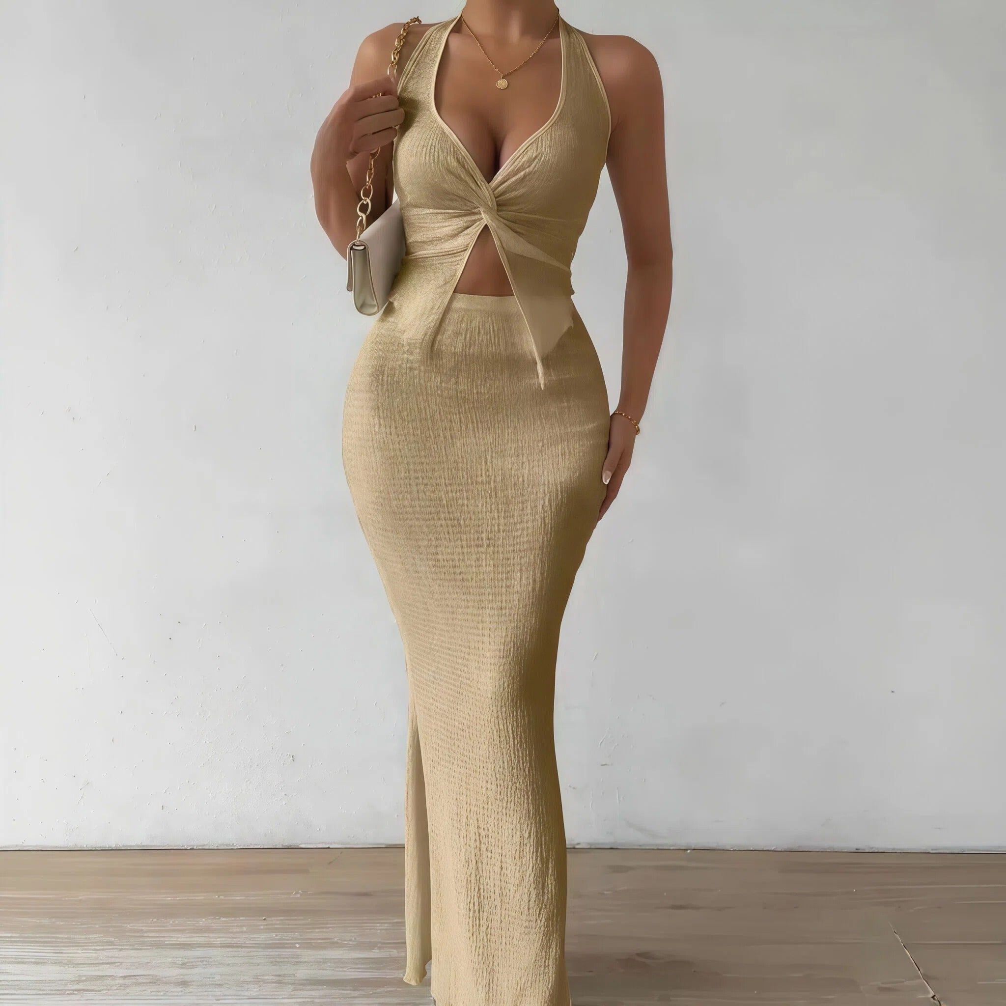 Elegant Halter Midi Skirt Set