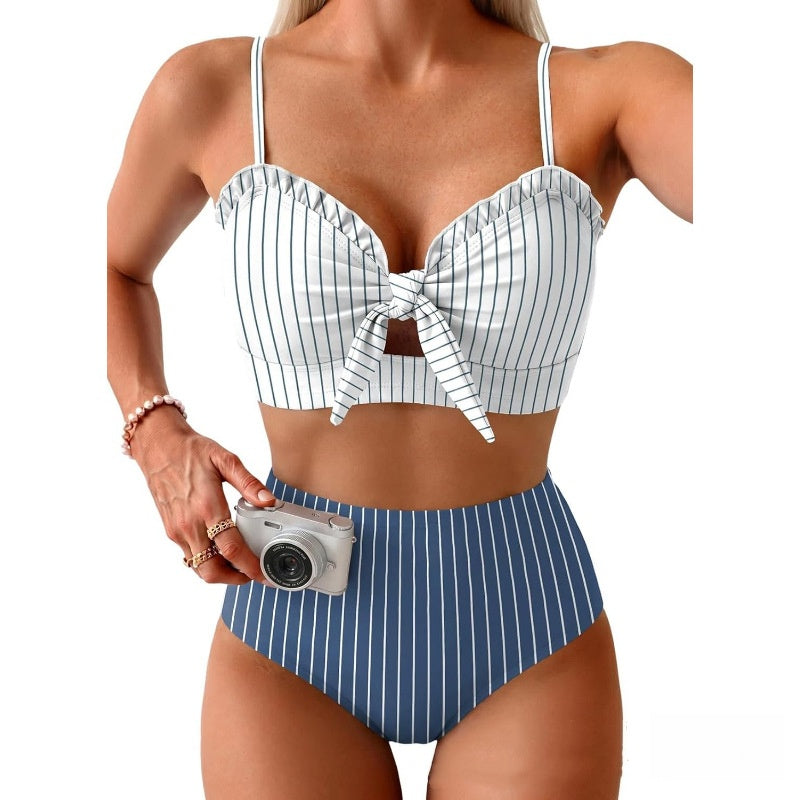 Striped Print Tie Front Bikini Set