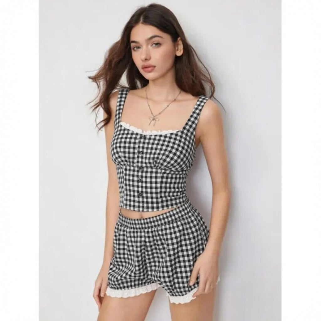Gingham Lace Bubble Shorts Set