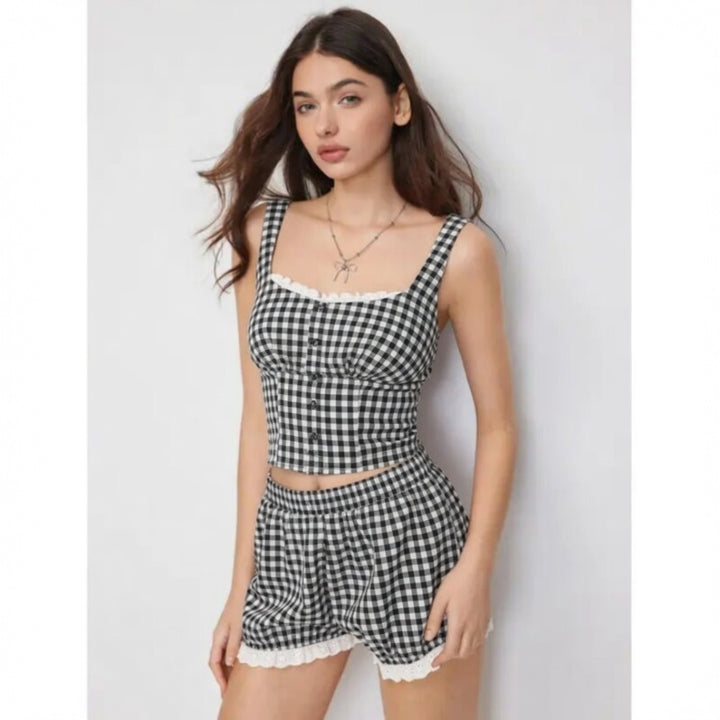 Gingham Lace Bubble Shorts Set