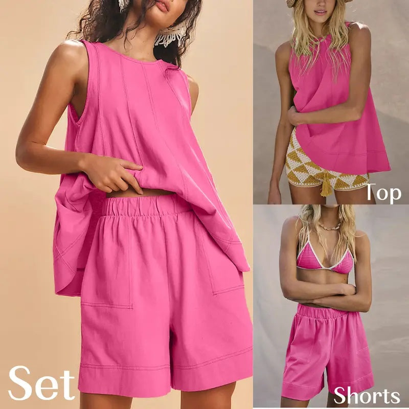 Linen Look Tank Wide Leg Shorts Set