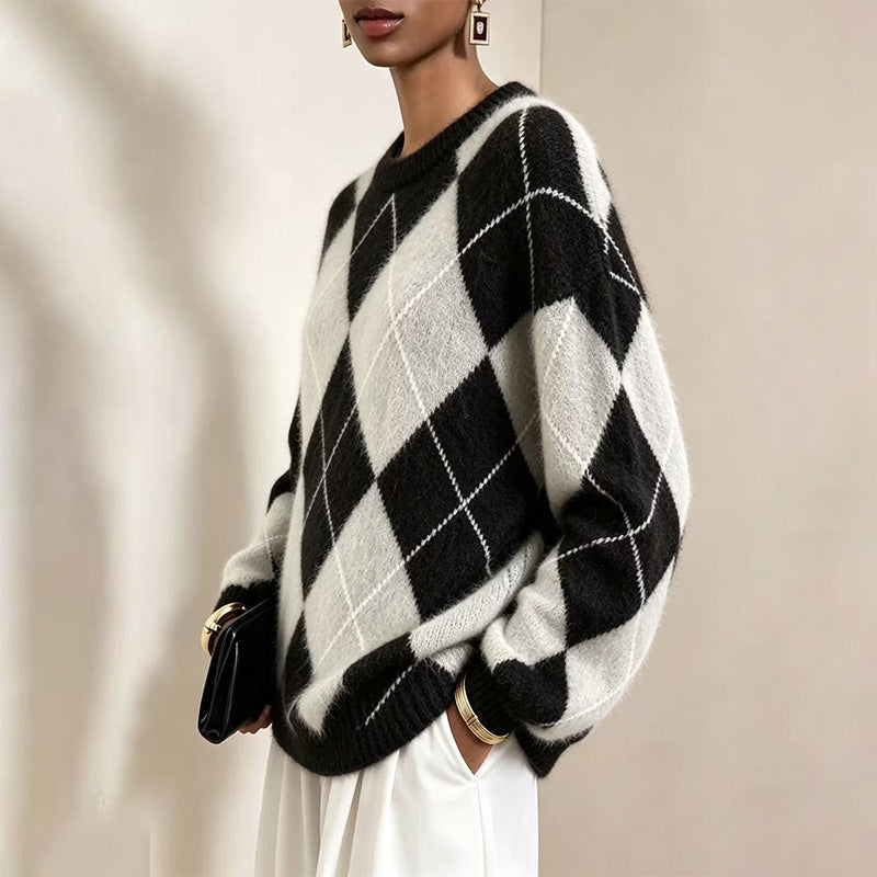 Warm Plaid Diamond Knit Casual Sweater
