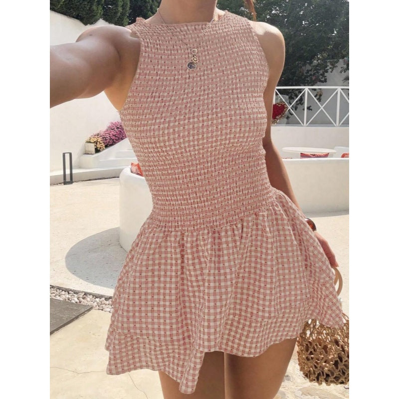 Sleeveless Plaid Asym Bodycon Dress