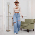 High Waist Distressed Straight Leg Jeans