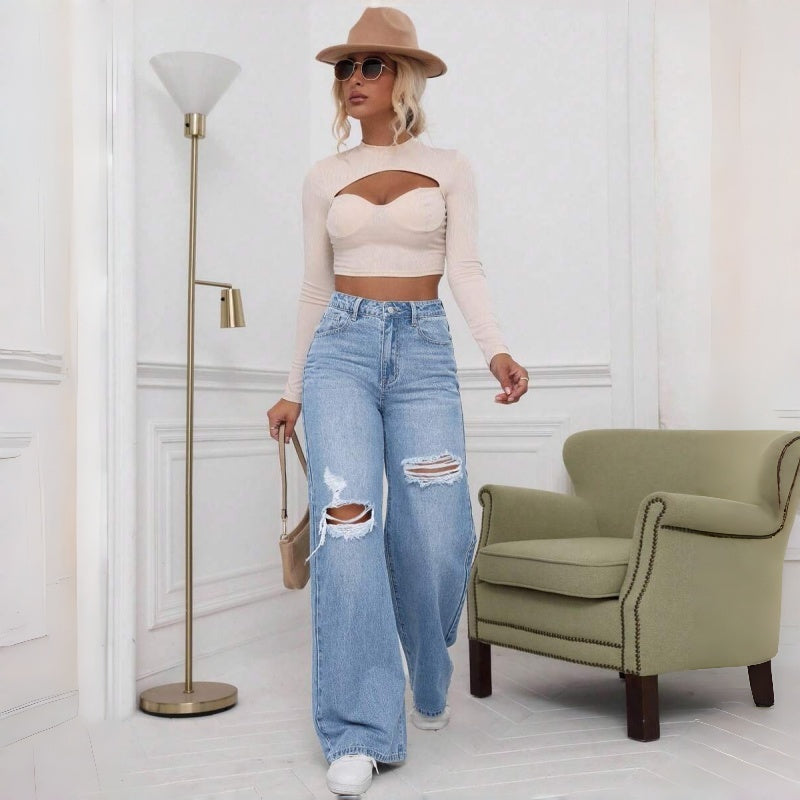 High Waist Distressed Straight Leg Jeans