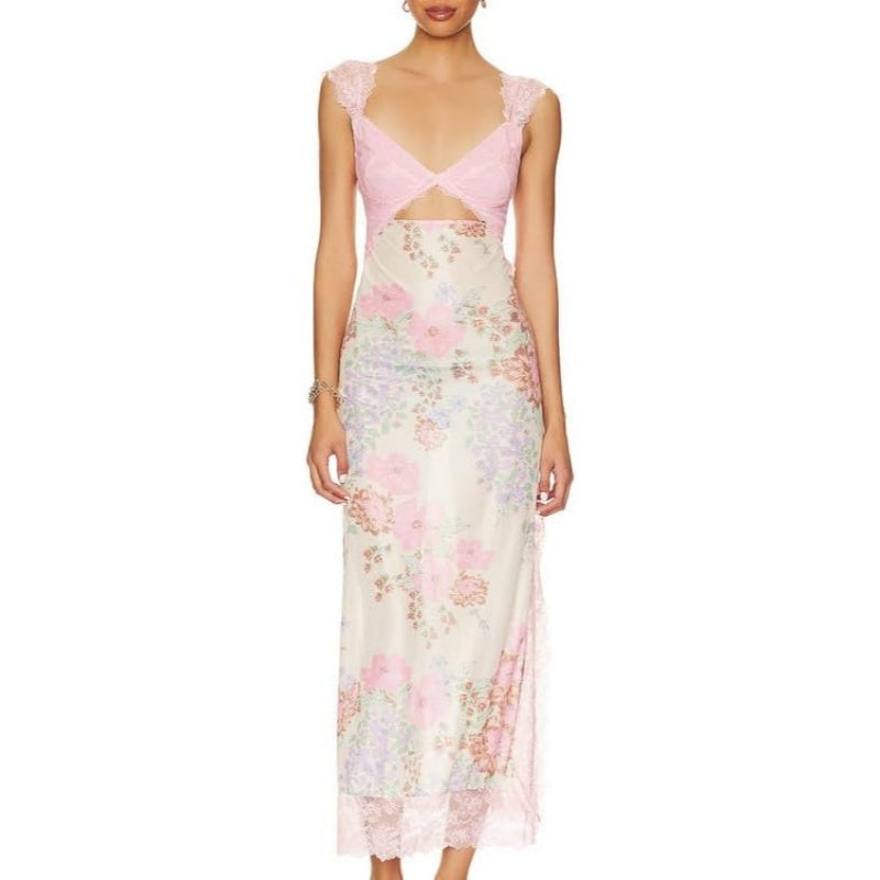 French Floral Lace Cutout Maxi Dress