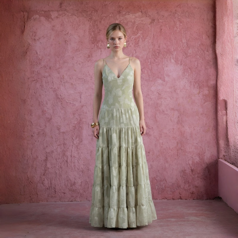 Jacquard Tiered Backless Maxi Dress