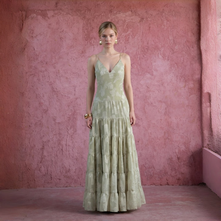 Jacquard Tiered Backless Maxi Dress