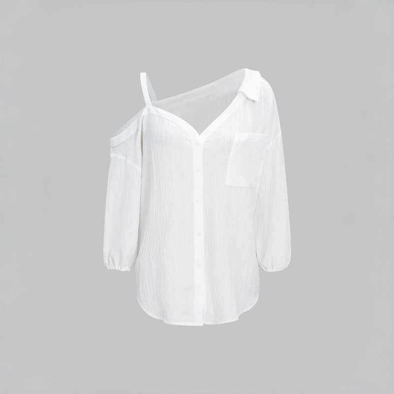 Asym Cold Shoulder Button Blouse