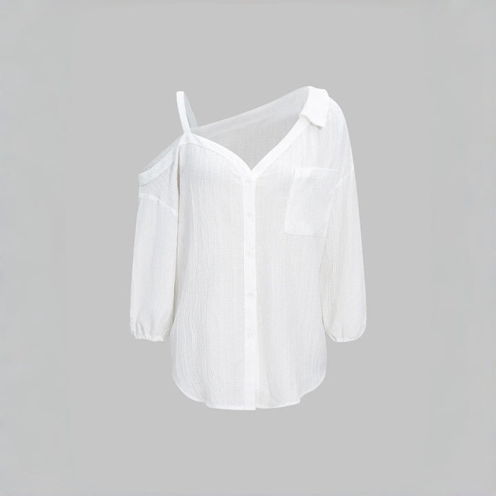 Asym Cold Shoulder Button Blouse