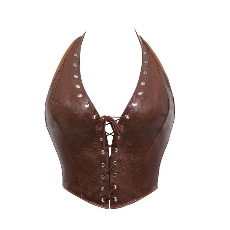 Faux Leather Lace Up Halter Corset