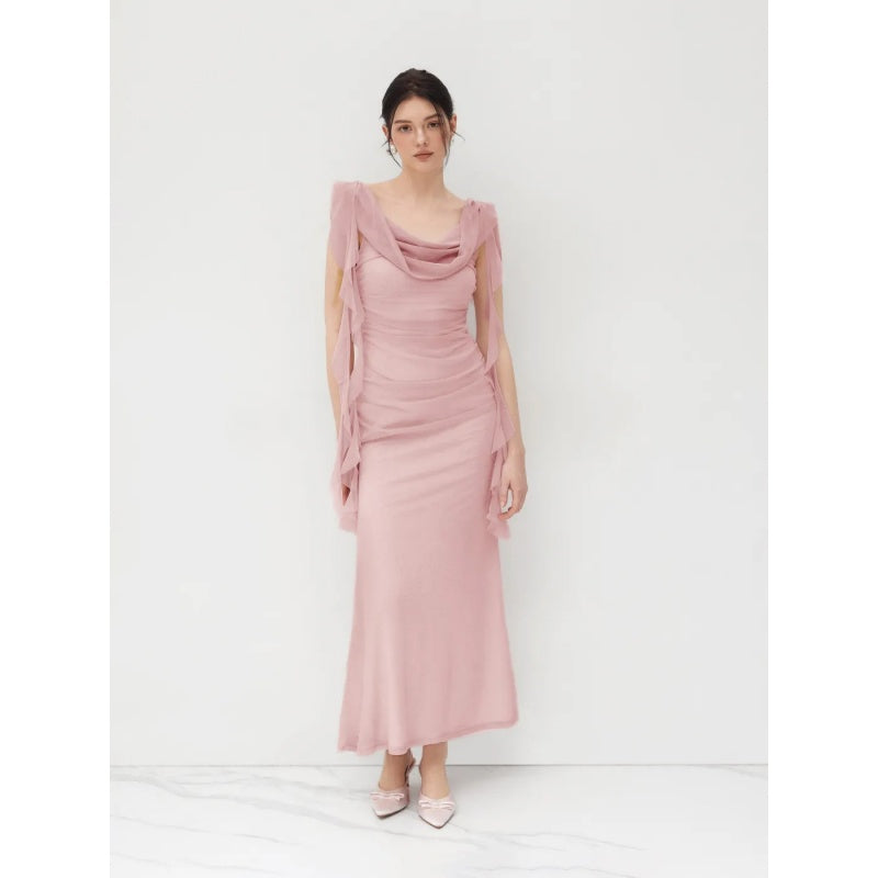 Ruched Ruffle Backless Maxi Dress
