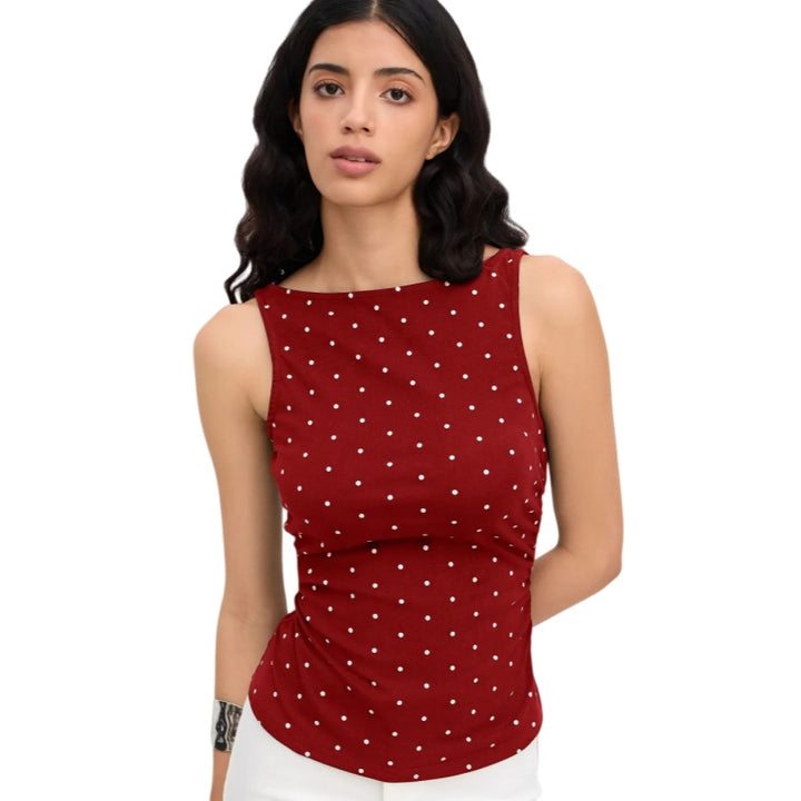 Polka Dot Ruched Back Tie Tank Top