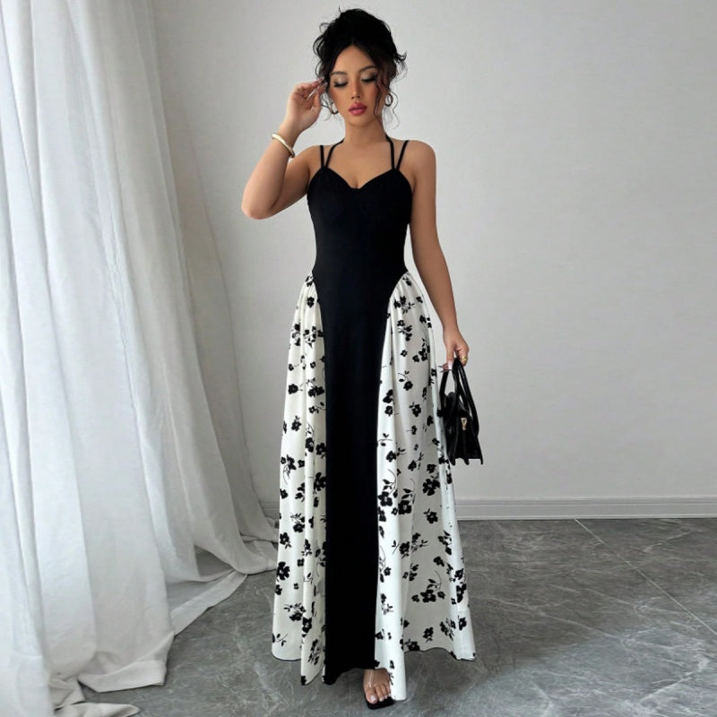 Backless Contrast Floral Maxi Dress