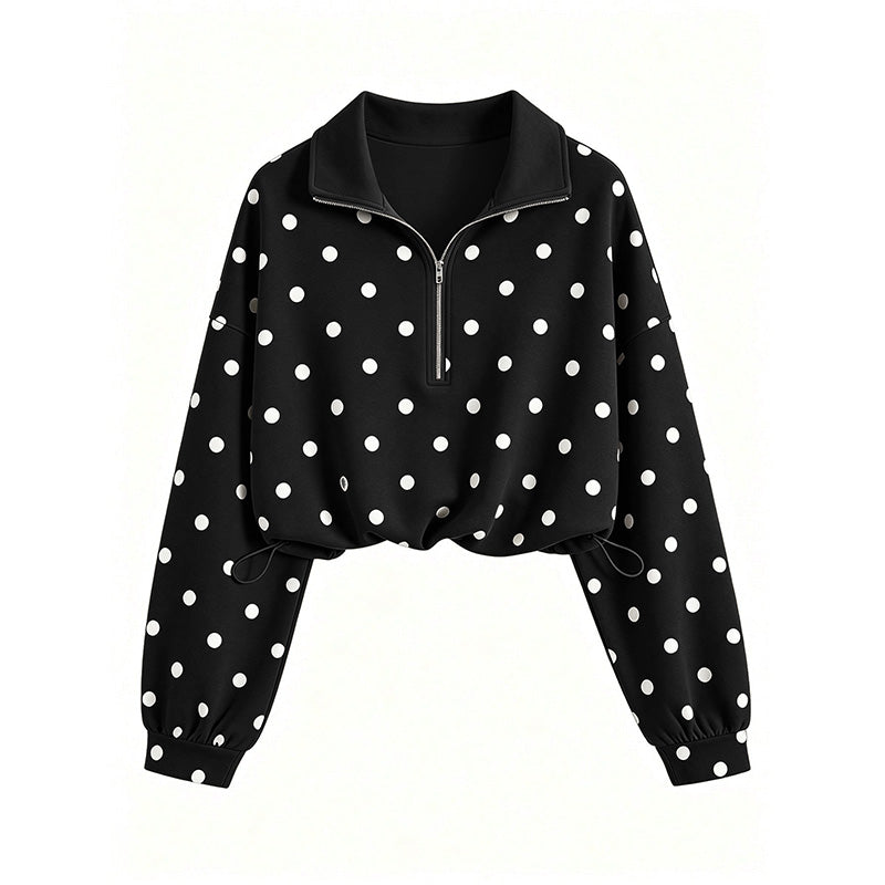 Polka Dot Half Zip Cropped Sweatshirt