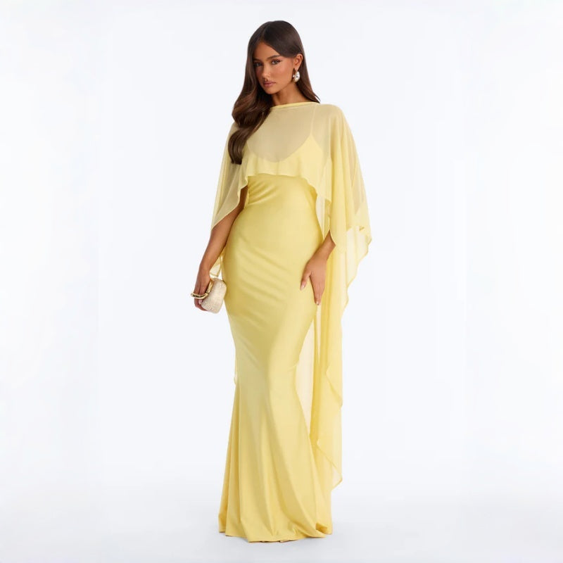 Elegant Solid Mesh Shawl Maxi Dress