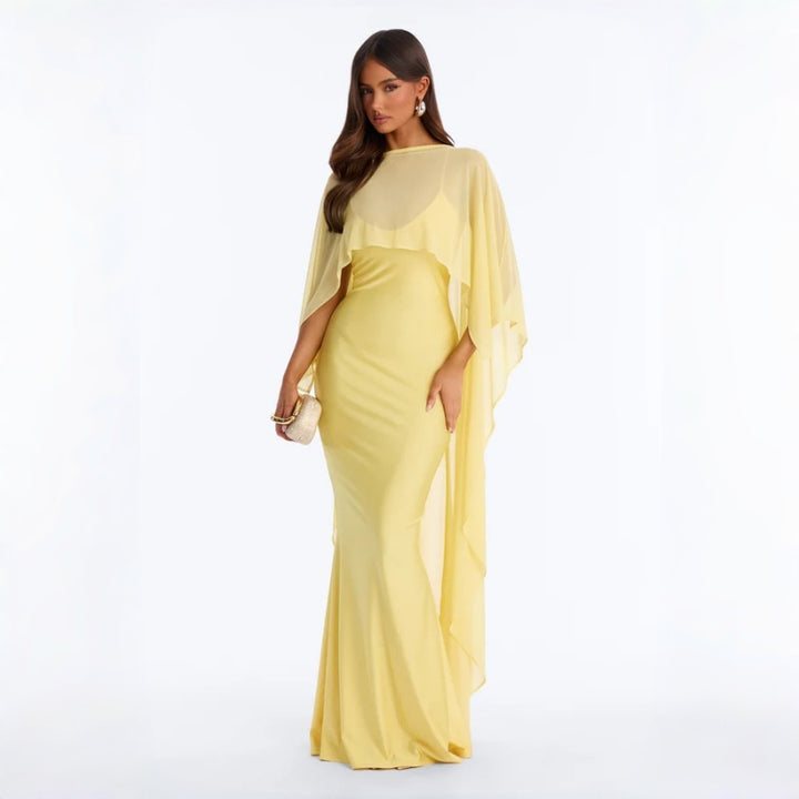 Elegant Solid Mesh Shawl Maxi Dress