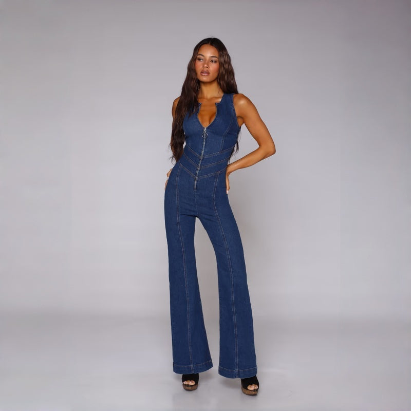 Slim Retro High Waist Denim Jumpsuit