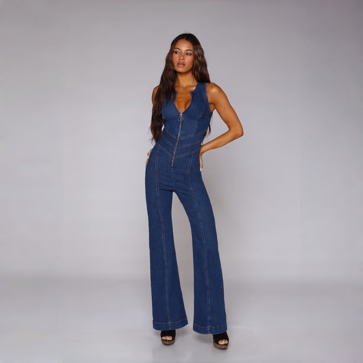 Slim Retro High Waist Denim Jumpsuit