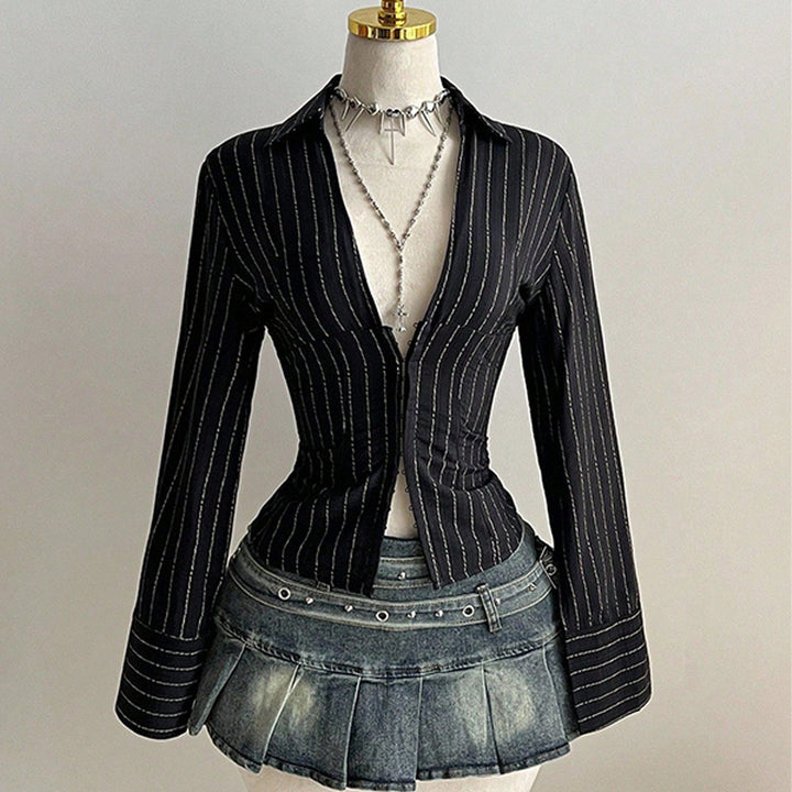 Ladies Striped Button Front Slim Blouse