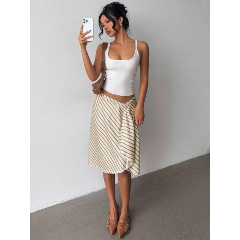 Asymmetric Striped A Line Midi Skirt