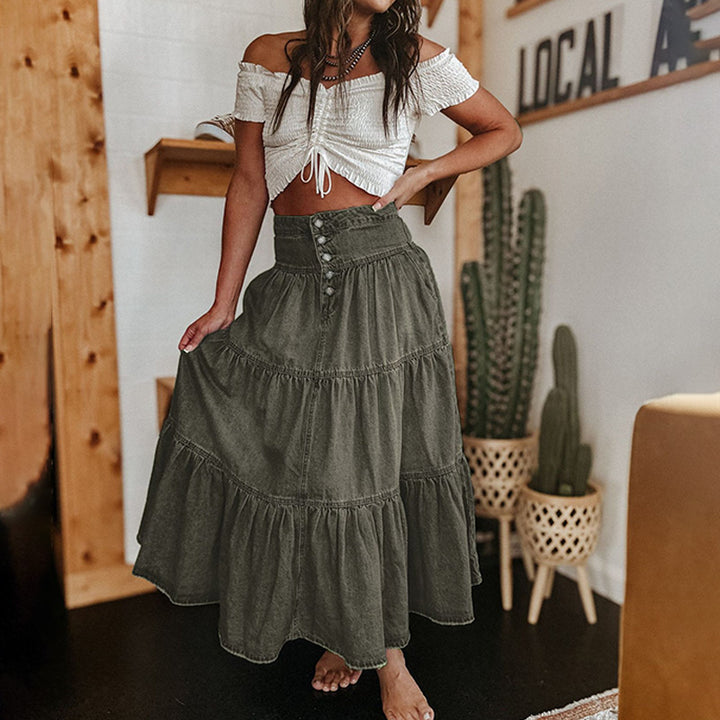 Tiered Ruffle Denim Skirt Boho Style