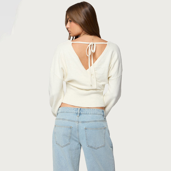 V Neck Long Sleeve Knit Crop Top