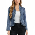 Ruffle Trim Open Front Denim Jacket