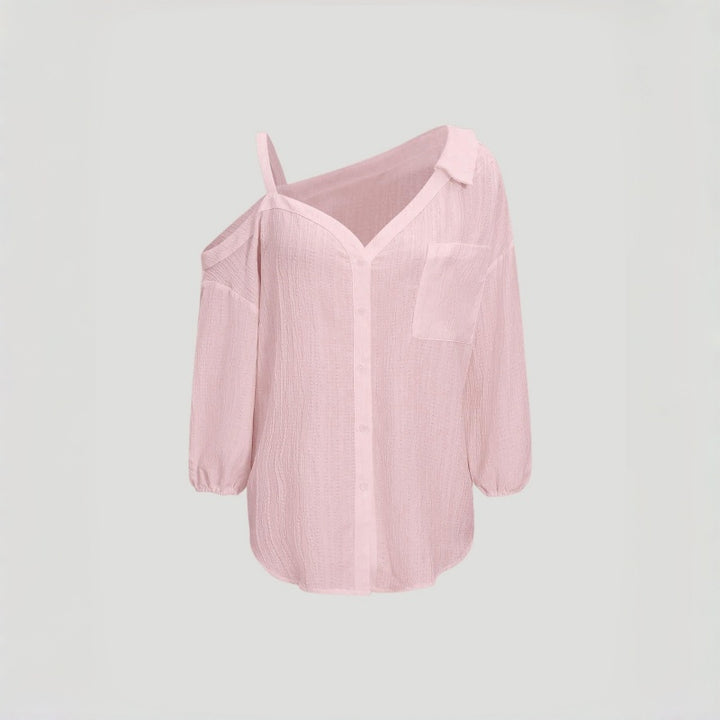 Asym Cold Shoulder Button Blouse