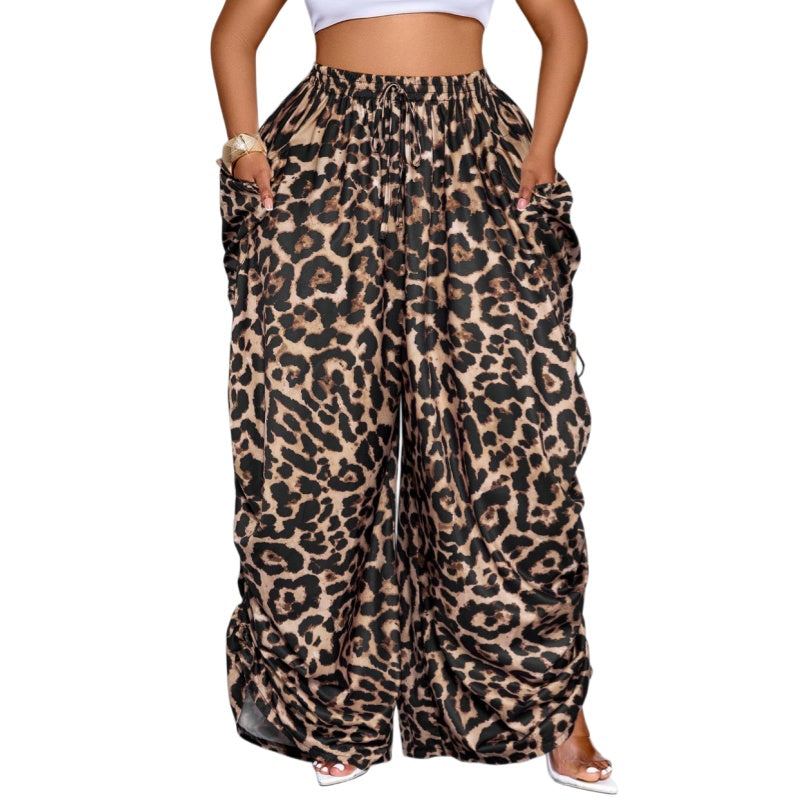 Vintage Leopard Drawstring Wide Leg Pants