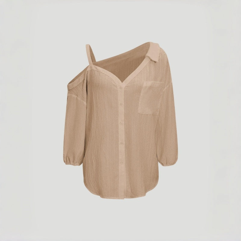 Asym Cold Shoulder Button Blouse