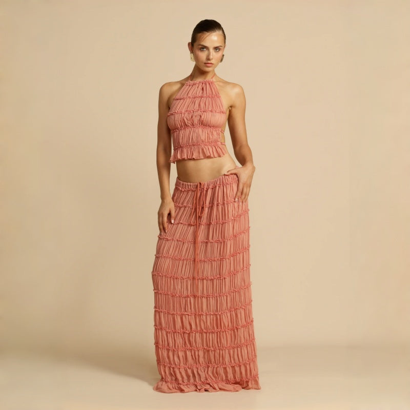 Backless Halter Lace Trim Maxi Dress