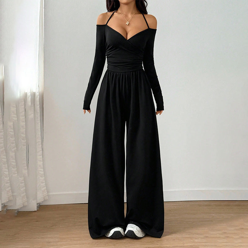 Solid Color Halter V Neck Jumpsuit