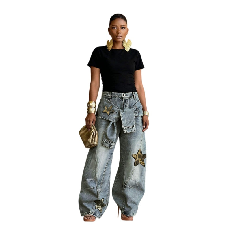 Vintage Star Patch Wide Leg Denim Pants