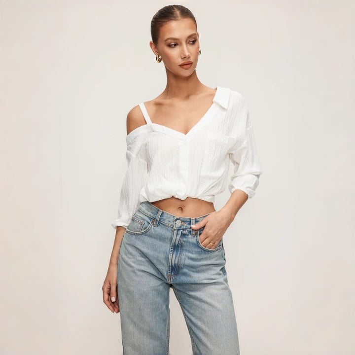 Asym Cold Shoulder Button Blouse
