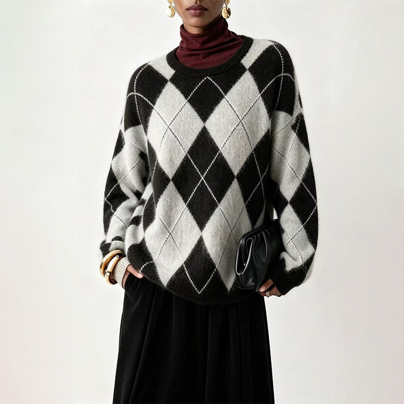 Warm Plaid Diamond Knit Casual Sweater