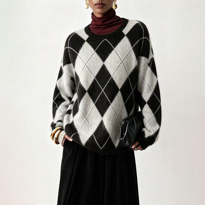 Warm Plaid Diamond Knit Casual Sweater