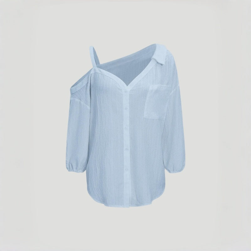 Asym Cold Shoulder Button Blouse