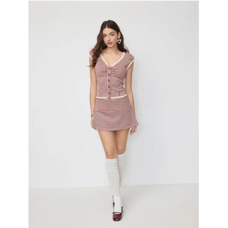 Vintage Gingham Lace Trim Top