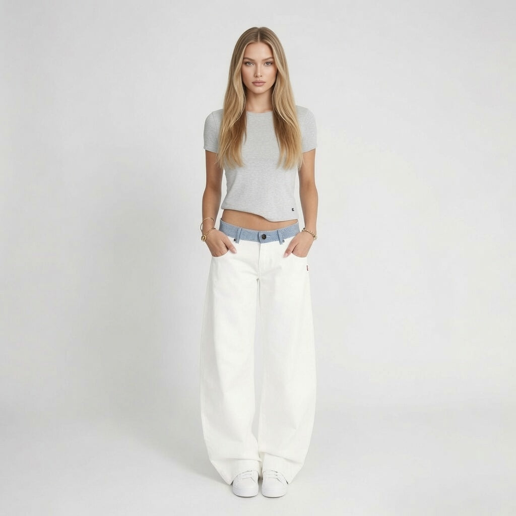 Contrast Waist Straight Leg Jeans