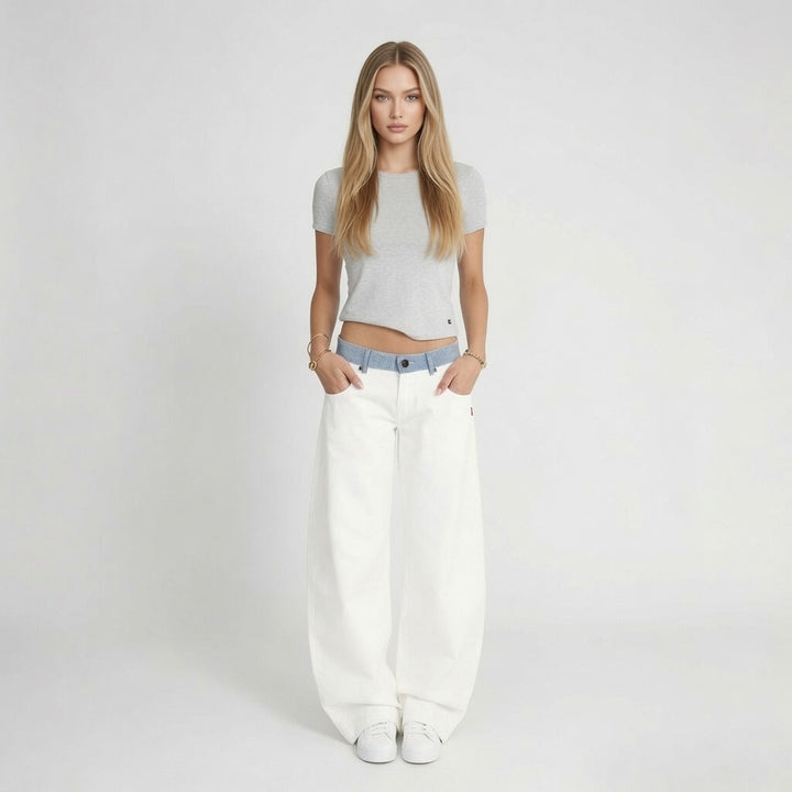 Contrast Waist Straight Leg Jeans
