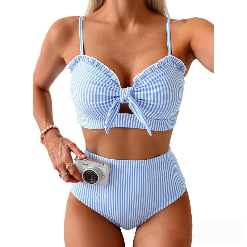 Striped Print Tie Front Bikini Set