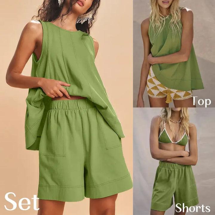 Linen Look Tank Wide Leg Shorts Set