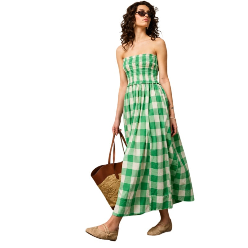 Plaid Strapless Smocked Vacation Dress