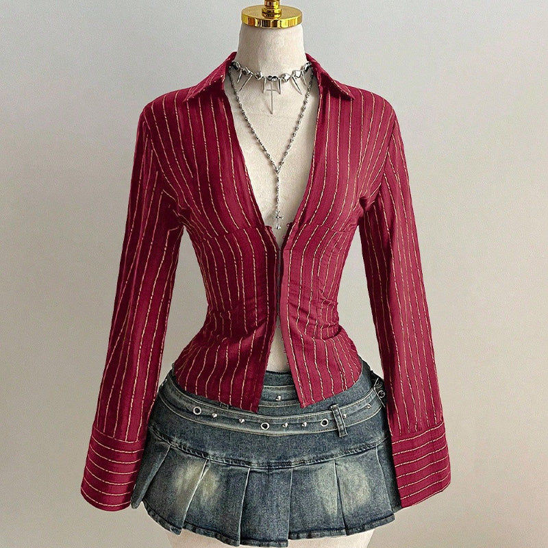 Ladies Striped Button Front Slim Blouse