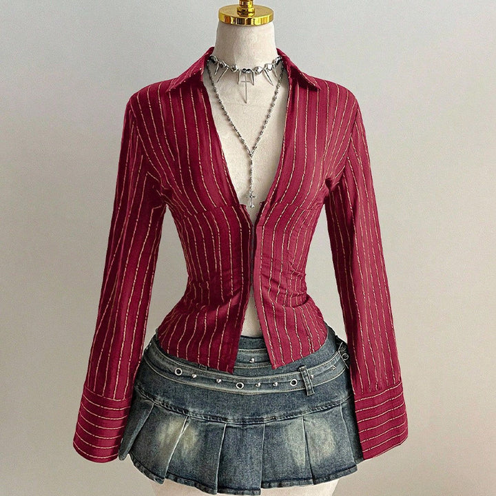 Ladies Striped Button Front Slim Blouse